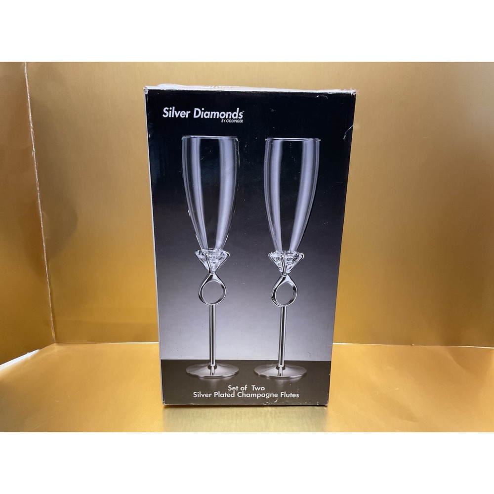 Godinger Silver Diamonds Champagne Flutes Set of 2 Silver Plated Ring Stem 6706